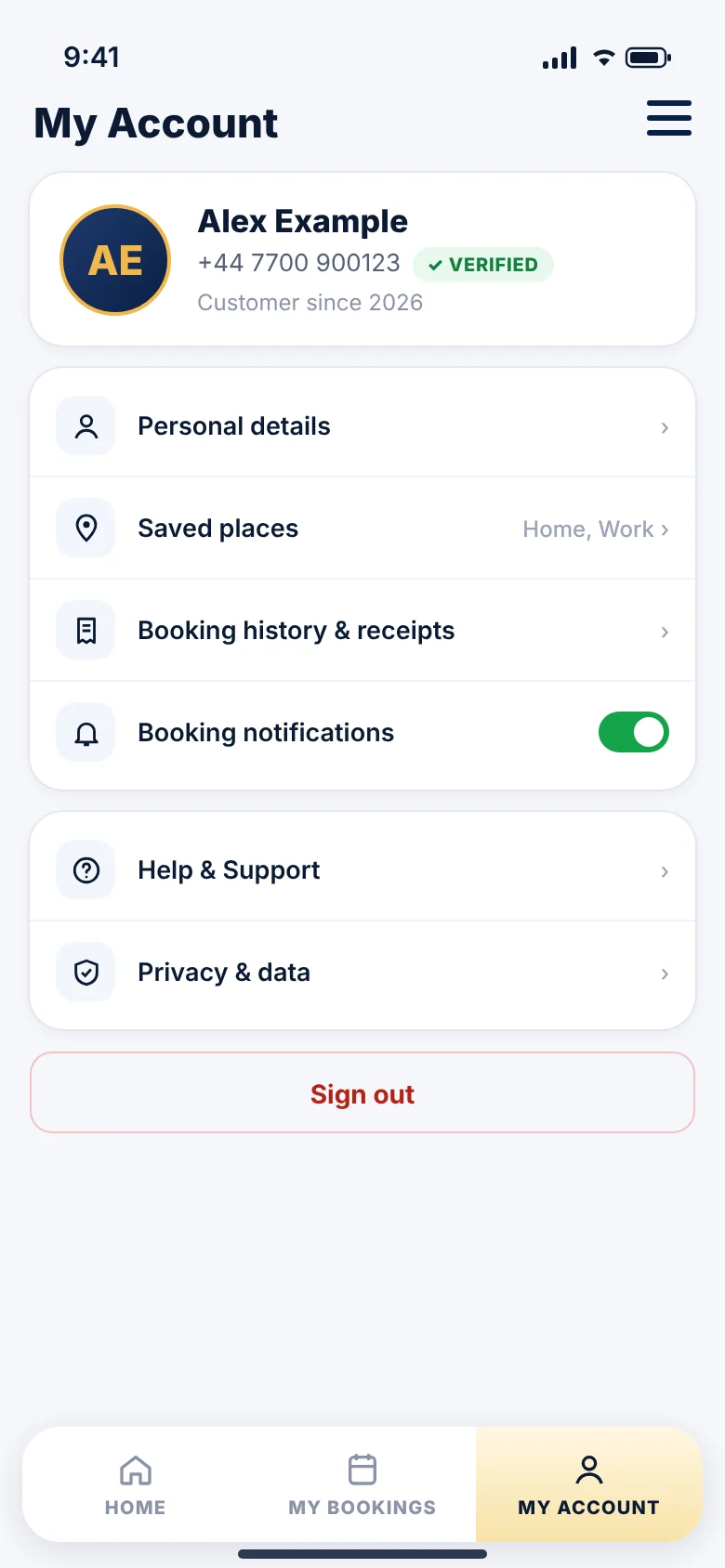WhyDrive My Account screen showing customer details, a verified mobile number, saved places, booking history and notification settings.
