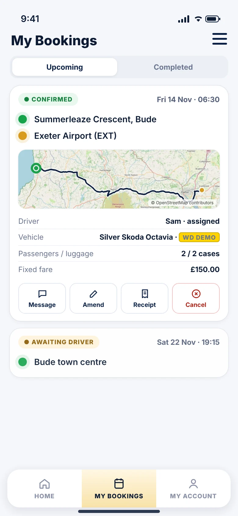 WhyDrive My Bookings screen: a confirmed booking with route map, assigned driver and vehicle, fare, and buttons to message, amend, get a receipt or cancel.