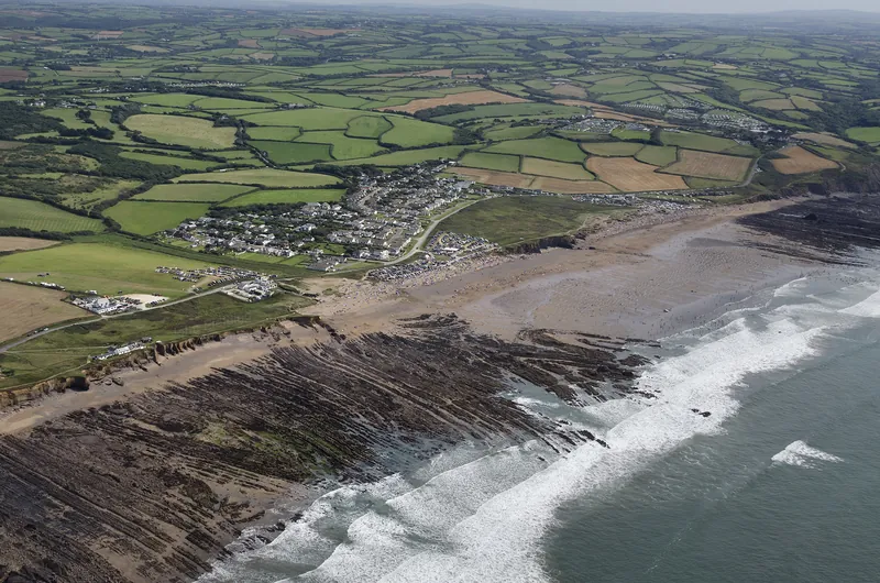 Aerial view of Widemouth Bay and the surrounding countryside near Bude, North Cornwall.